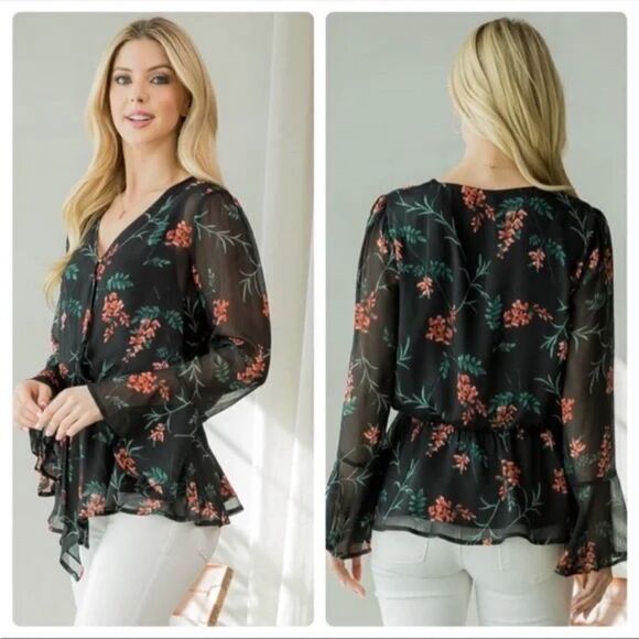 Black Floral Print Chiffon V-Neck Bell Sleeve Blouse - Picture 2 of 6